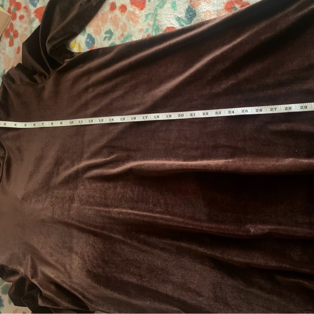 Dress, brown velour/velvet fabric. Long sleeve, high collar, zip back.